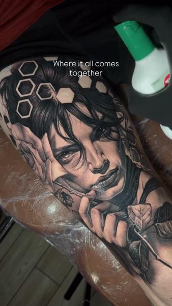 Realism portrait with hexagons tattoo by @cj_humps_tattoos