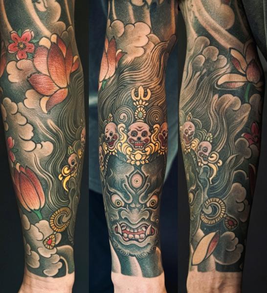 Japanese demon and flowers tattoo by @cjtattoo.cj