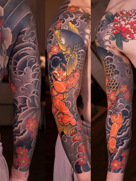 Japanese koi fish and figure tattoo by @cjtattoo.cj