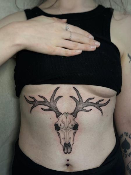 Blackwork deer skull tattoo by @clairedaisytattoos
