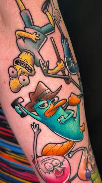 Illustrative cartoon cartoon characters tattoo by @coshtattoos