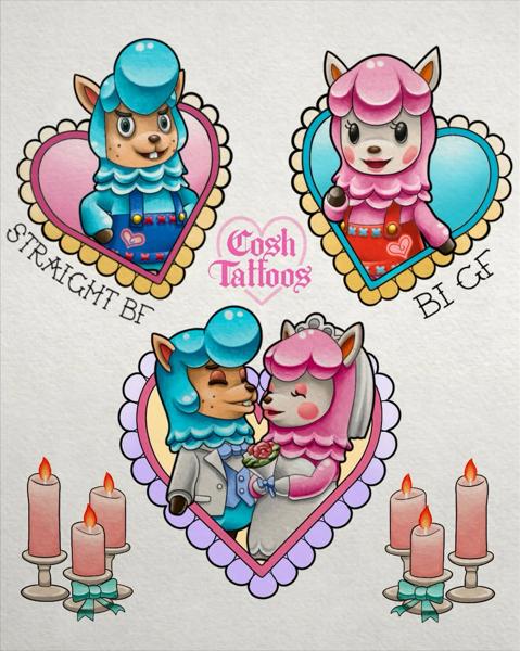 Illustrative alpaca couple tattoo by @coshtattoos