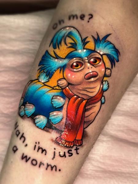 Illustrative labyrinth worm tattoo by @coshtattoos