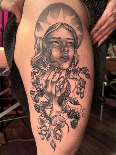 Illustrative blackwork woman snake berries tattoo by @coshtattoos