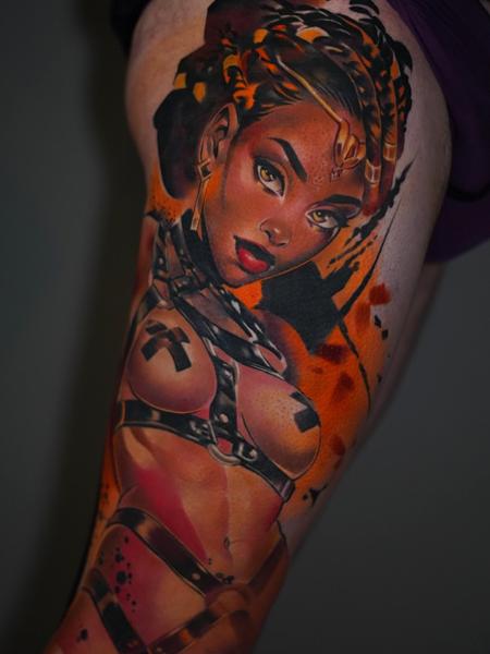 Realism female warrior tattoo by @cloto.tattoos
