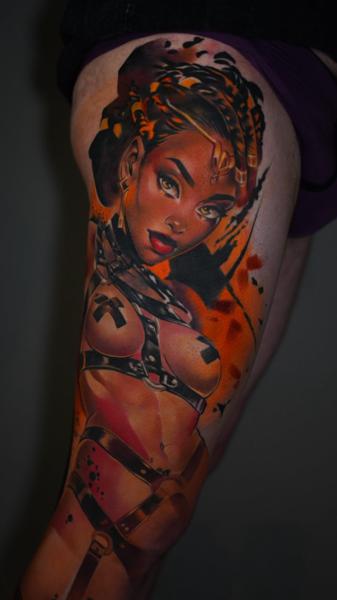 Realism female warrior tattoo by @cloto.tattoos