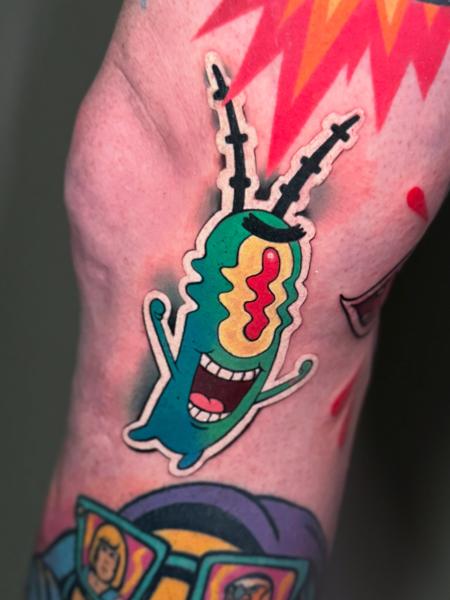 New School cartoon character tattoo by @cloto.tattoos