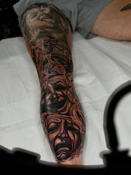 Realism theater masks tattoo by @cnoakestattoo