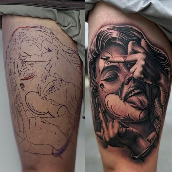 Realism playful portrait tattoo by @cnoakestattoo
