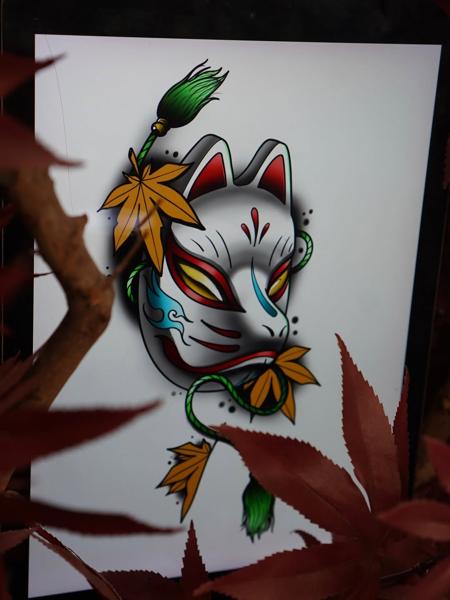 Japanese kitsune mask tattoo by @codyeaglestattoo