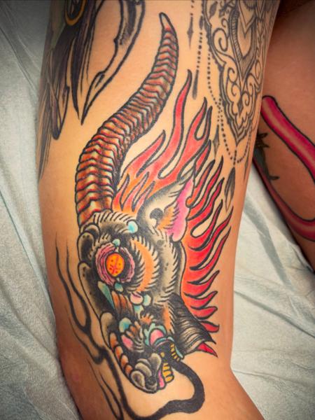 Traditional demon head tattoo by @colfax_og