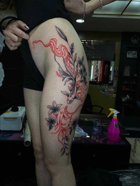 Japanese floral koi tattoo by @soak_latatt23
