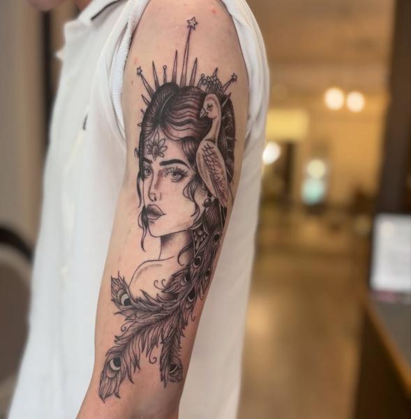 Illustrative peacock goddess tattoo by @courtz_tattoo