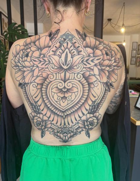Ornamental ornamental mandala heart tattoo by @courtz_tattoo