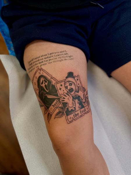 Traditional tarot cards tattoo by @courtneycokertattoos