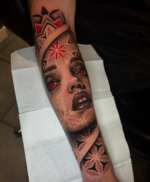 Realism ornamental portrait tattoo by @craigedentattoo
