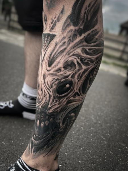 Blackwork demonic skull tattoo by @crawlspace_tattoo
