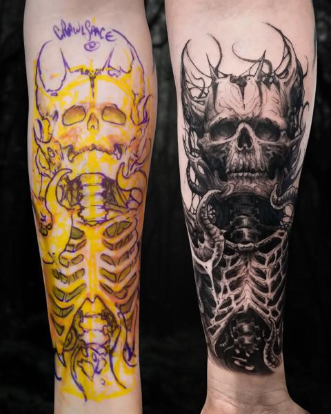 Blackwork demonic skull tattoo by @crawlspace_tattoo