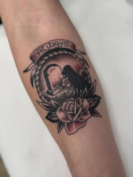 Neo-traditional dog tombstone memorial tattoo by @ctptattoo