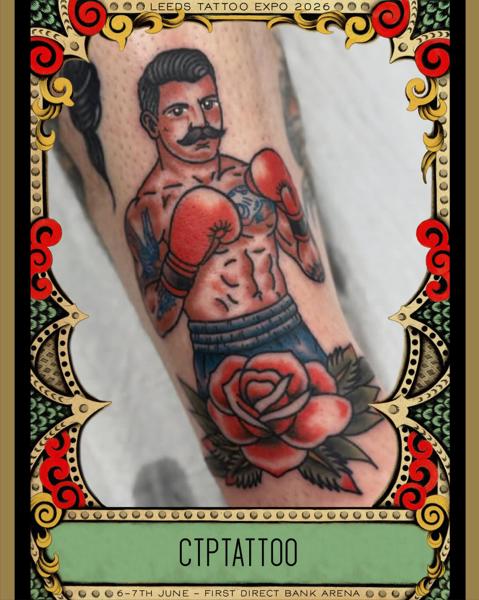 Traditional boxer and rose tattoo by @ctptattoo