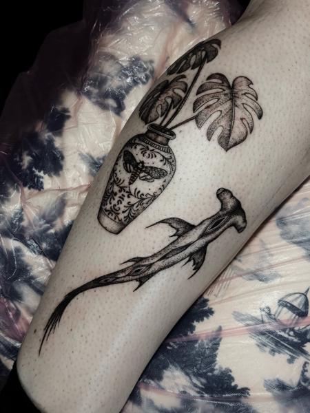 Dotwork monstera vase shark tattoo by @freakyface_