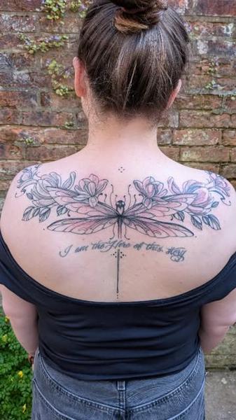 Fine line floral dragonfly tattoo by @daisy_tattooing