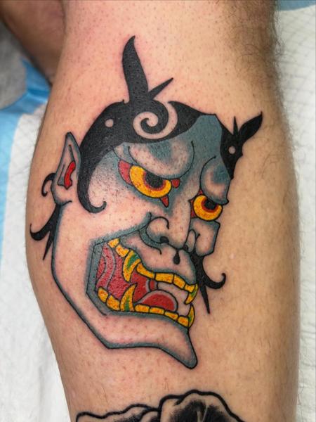 Japanese traditional demon face tattoo by @ilovetattooing