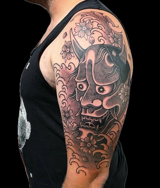 Japanese hannya mask tattoo by @ilovetattooing