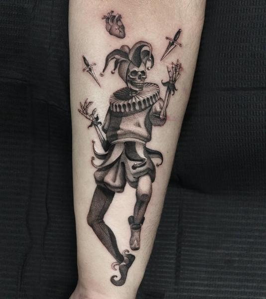 Blackwork skeleton jester tattoo by @danijtattoo