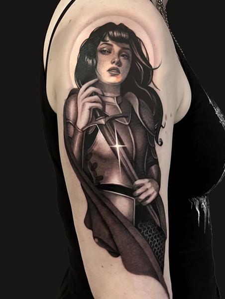 Realism woman with sword tattoo by @danijtattoo