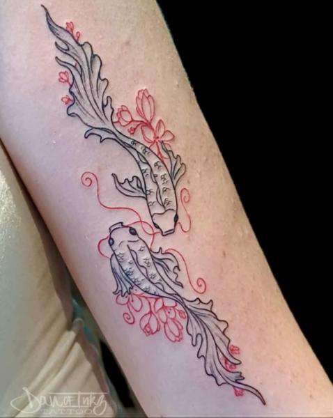 Illustrative linework koi fish flowers tattoo by @dan.of.inkz