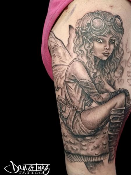 Illustrative black and grey steampunk fairy tattoo by @dan.of.inkz