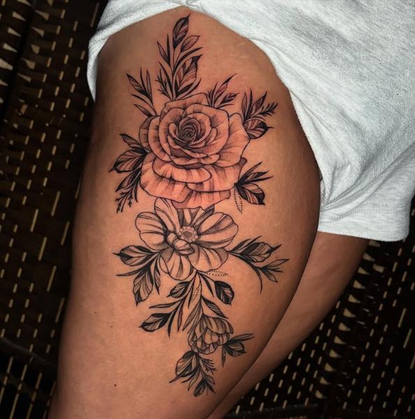 Fine line floral arrangement tattoo by @newidshirley