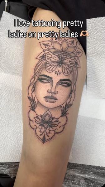 Fine line woman with butterfly tattoo by @newidshirley