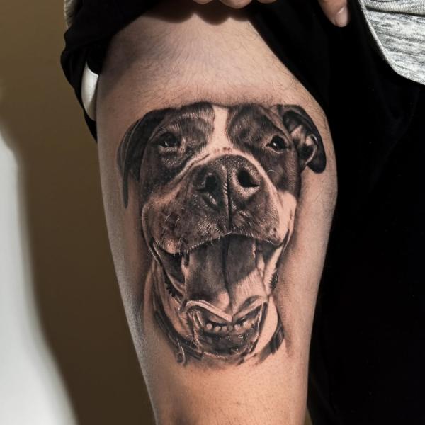 Realism happy dog portrait tattoo by @daria_inkaholic
