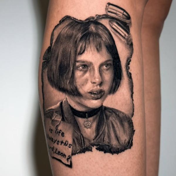 Realism mathilda portrait tattoo by @daria_inkaholic