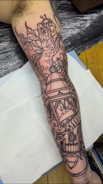 Illustrative koi lantern tattoo by @truelinestattoo