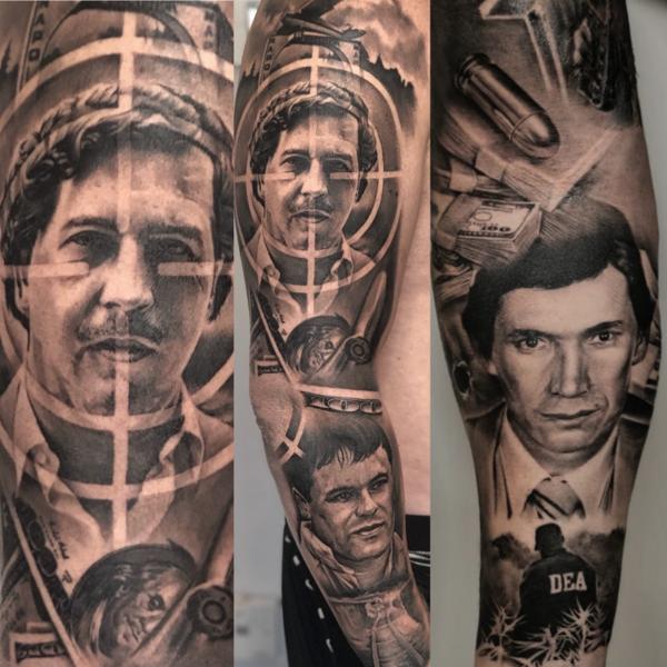 Realism crime portraits tattoo by @mrbaldaro