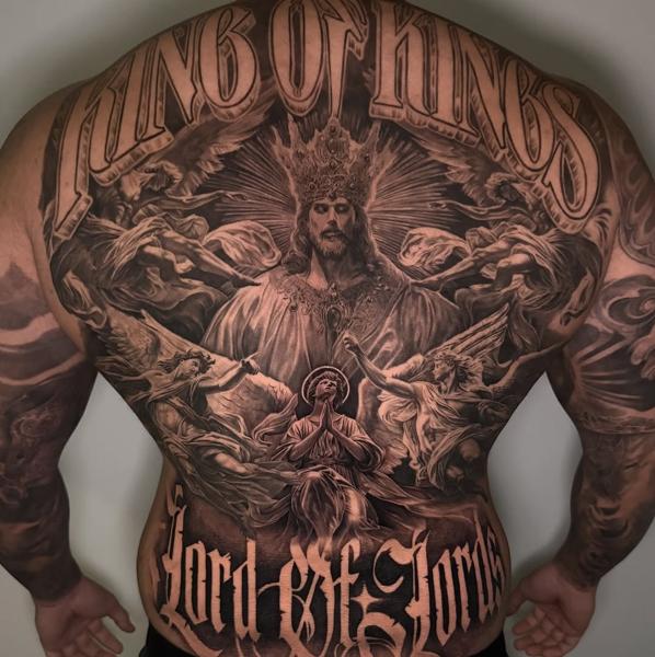 Realism religious scene tattoo by @mrbaldaro