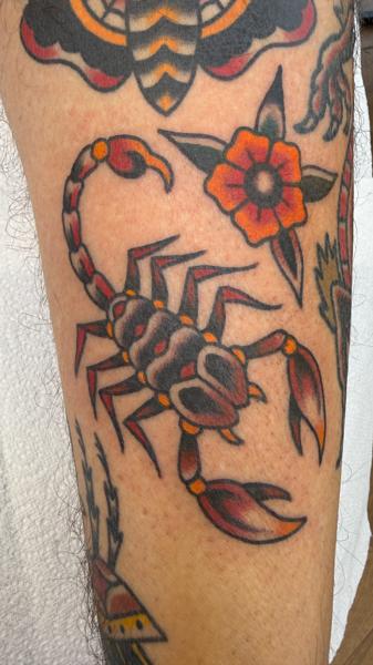 Traditional scorpion tattoo by @davidhtattoo