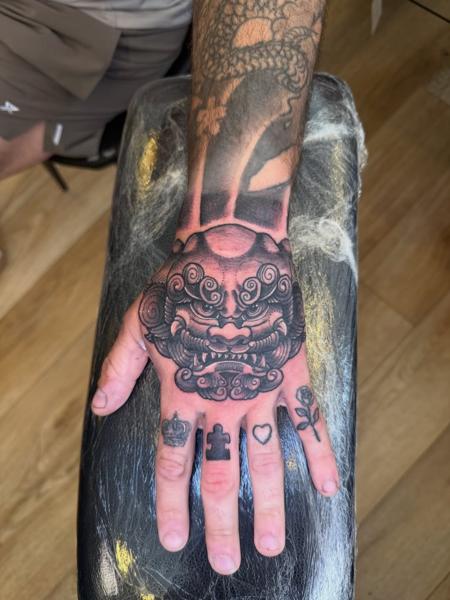 Japanese japanese mask tattoo by @monkhousetattoos