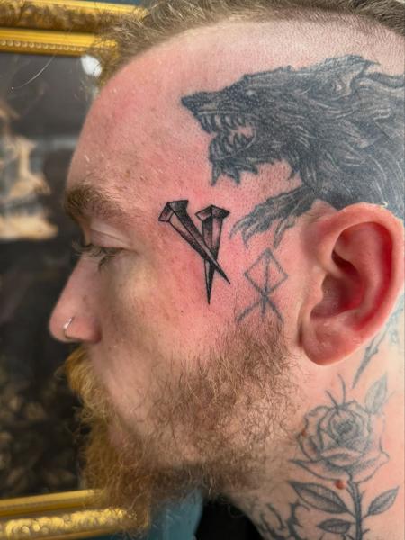 Blackwork wolf head tattoo by @monkhousetattoos