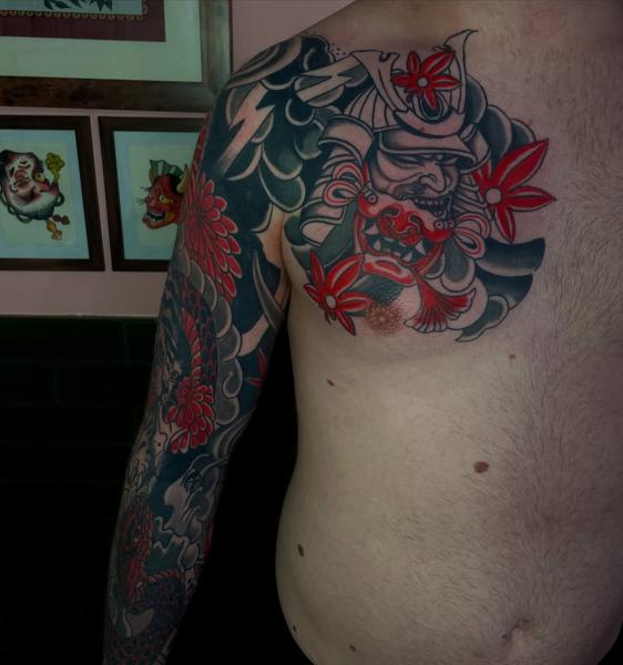 Japanese samurai hannya mask tattoo by @dexnleettattoo