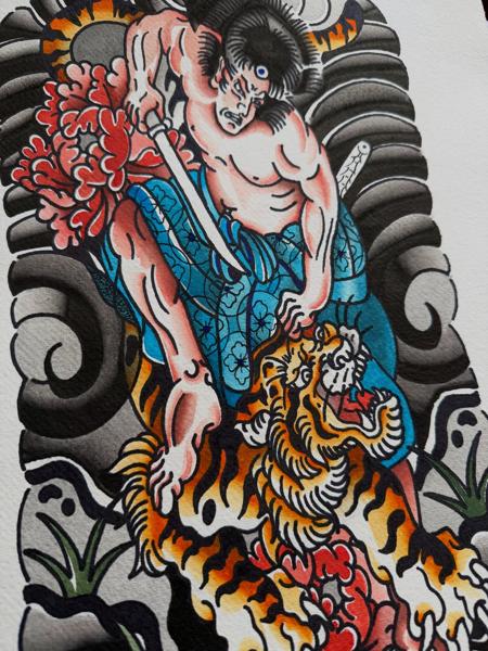 Japanese warrior tiger peony tattoo by @dexnleettattoo