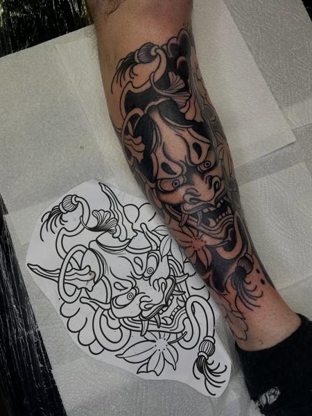Japanese oni mask tattoo by @dexnleettattoo