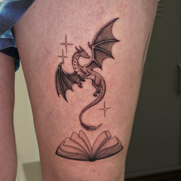 Blackwork dragon and book tattoo by @delitetattoo