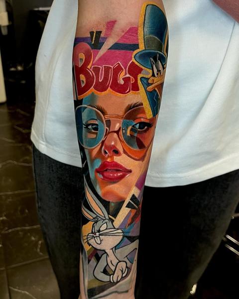 Illustrative bugs bunny collage tattoo by @komarov_tattoo