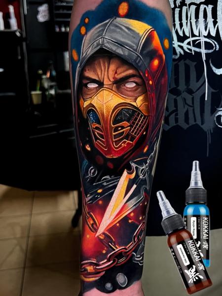 Realism masked warrior tattoo by @komarov_tattoo