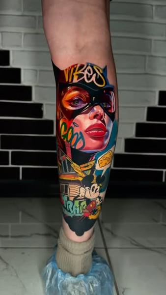 Realism comic collage tattoo by @komarov_tattoo