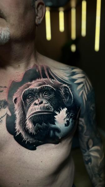 Realism chimpanzee portrait tattoo by @dennisblume_tattooist